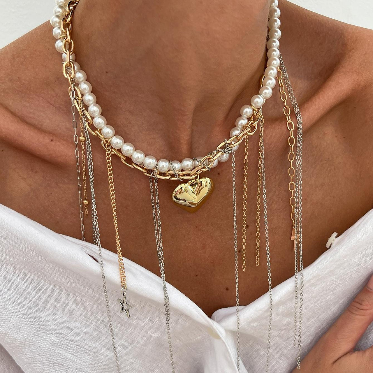 Stylish Layered Heart Pendant Cross Star Tassel Long Chain Pearl Necklace - ArtGalleryZen
