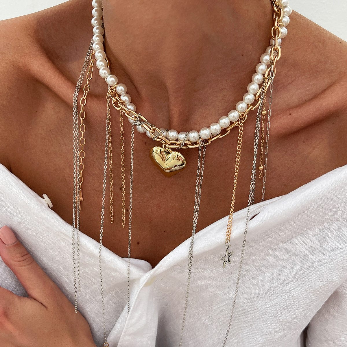 Stylish Layered Heart Pendant Cross Star Tassel Long Chain Pearl Necklace - ArtGalleryZen