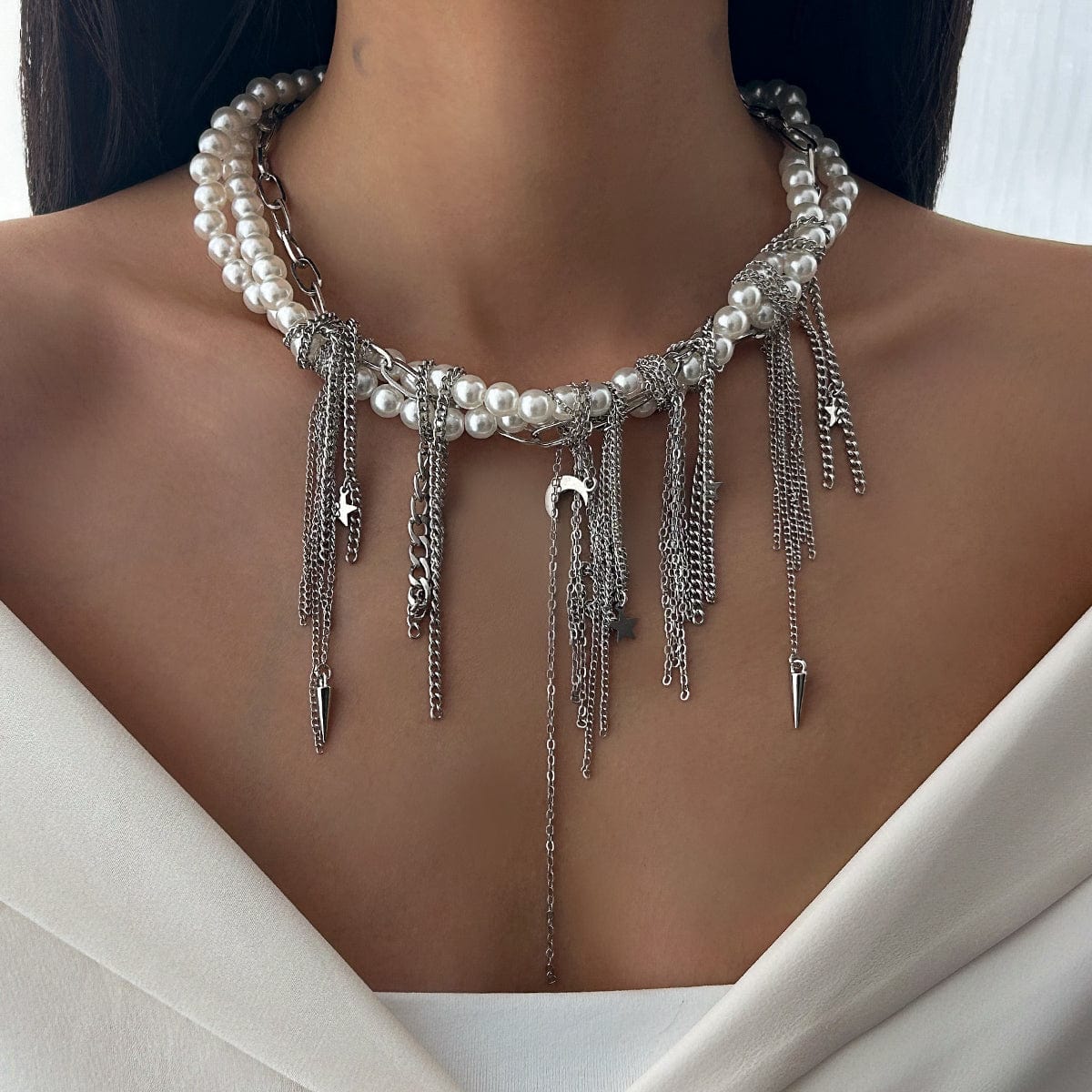 Stylish Layered Moon Star Chain Tassel Pearl Necklace - ArtGalleryZen