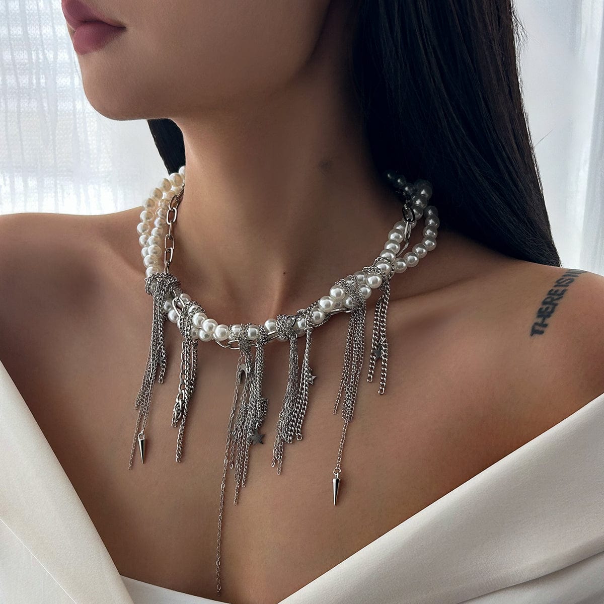 Stylish Layered Moon Star Chain Tassel Pearl Necklace - ArtGalleryZen