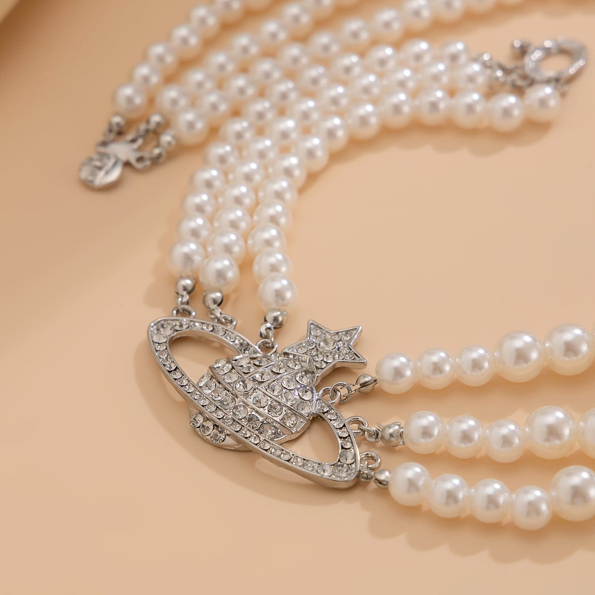 Stylish Layering Rhinestone Inlaid Saturn Charm Pearl Chain Necklace - ArtGalleryZen