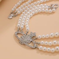 Thumbnail for Stylish Layering Rhinestone Inlaid Saturn Charm Pearl Chain Necklace - ArtGalleryZen