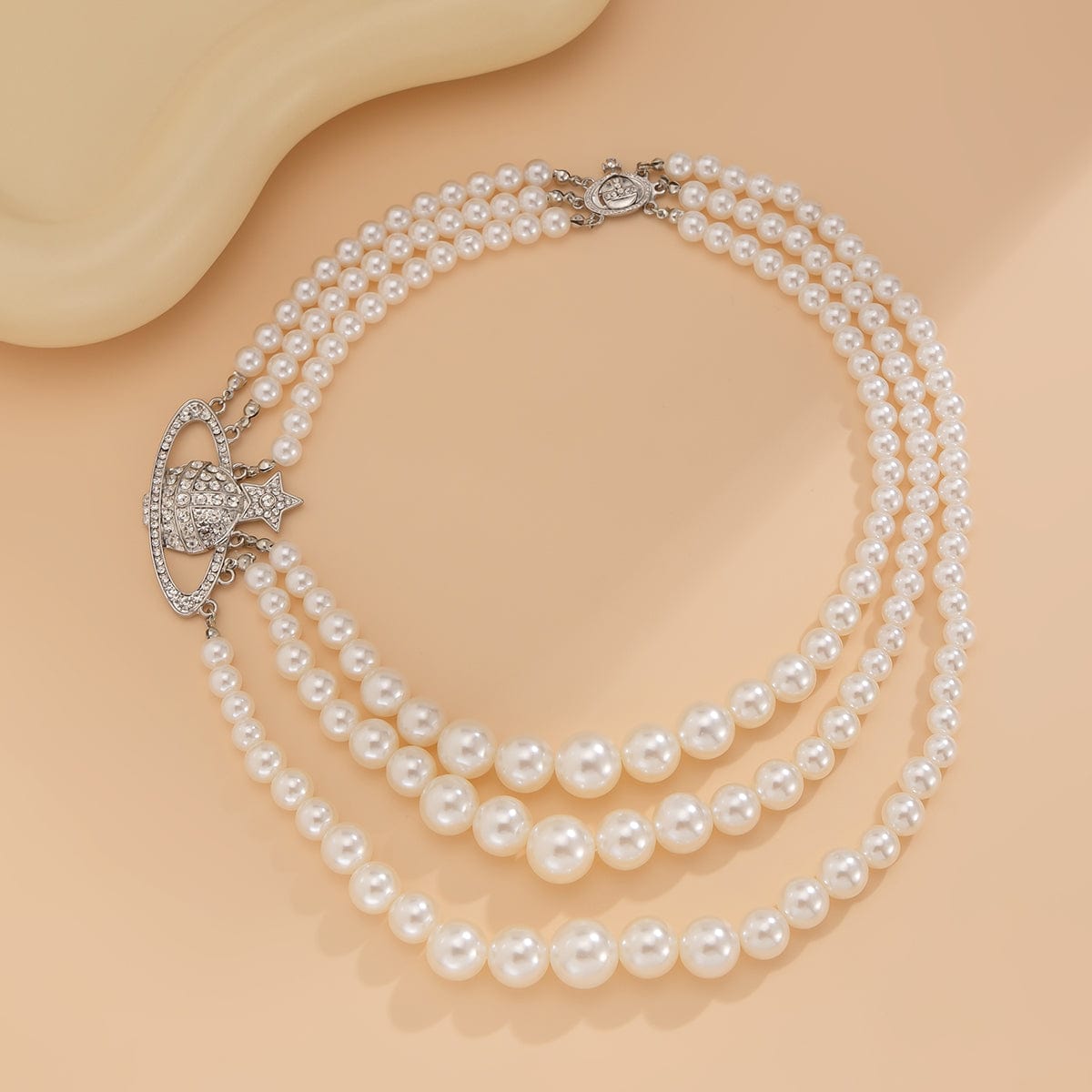 Stylish Layering Rhinestone Inlaid Saturn Charm Pearl Chain Necklace - ArtGalleryZen