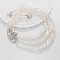 Thumbnail for Stylish Layering Rhinestone Inlaid Saturn Charm Pearl Chain Necklace - ArtGalleryZen