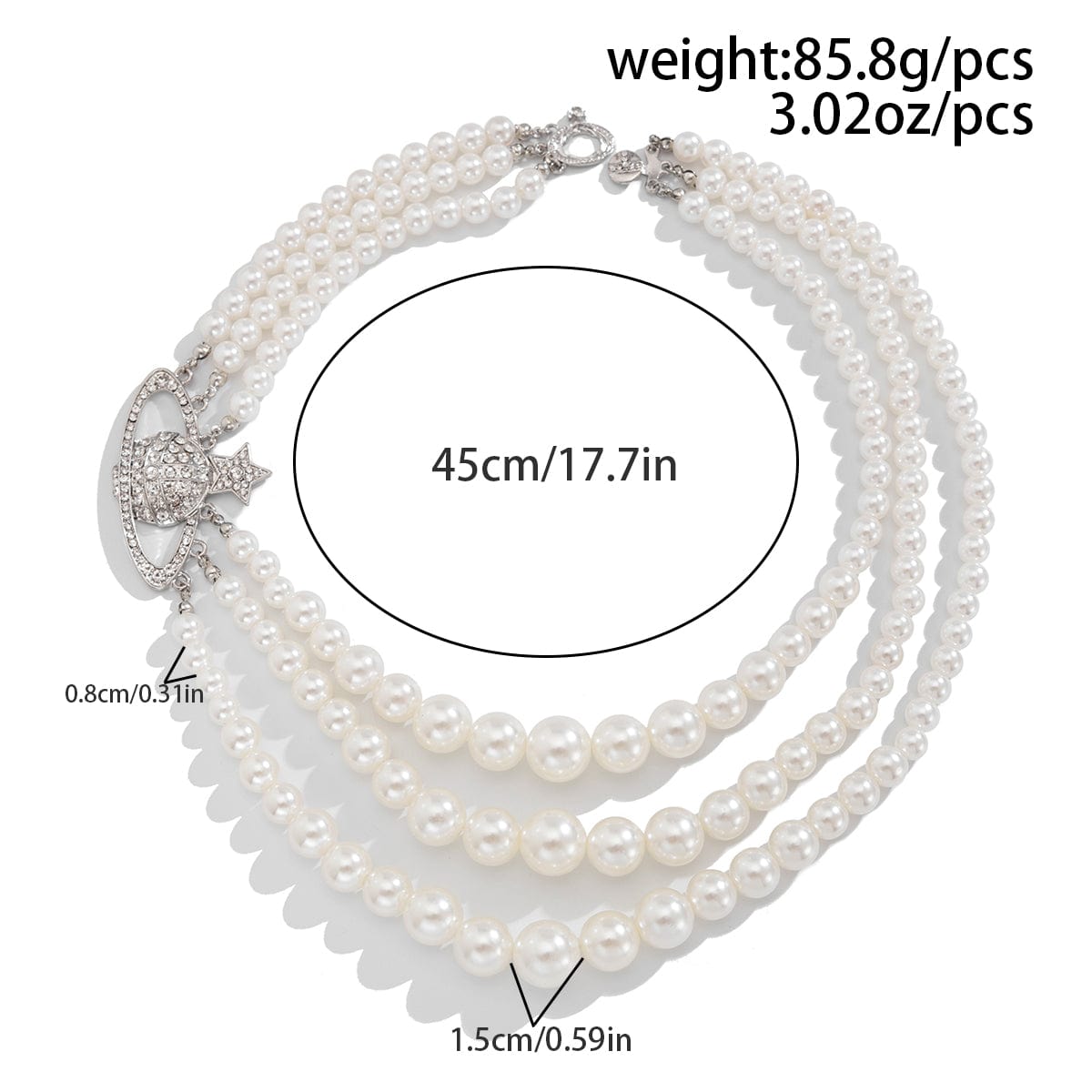 Stylish Layering Rhinestone Inlaid Saturn Charm Pearl Chain Necklace - ArtGalleryZen