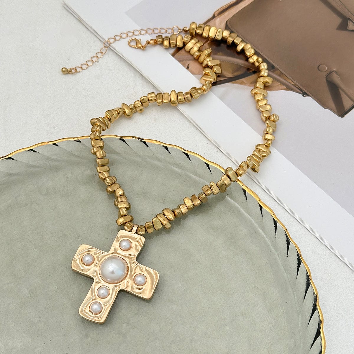 Stylish Pearl Inlaid Cross Pendant Irregular Beaded Chain Choker Necklace - ArtGalleryZen