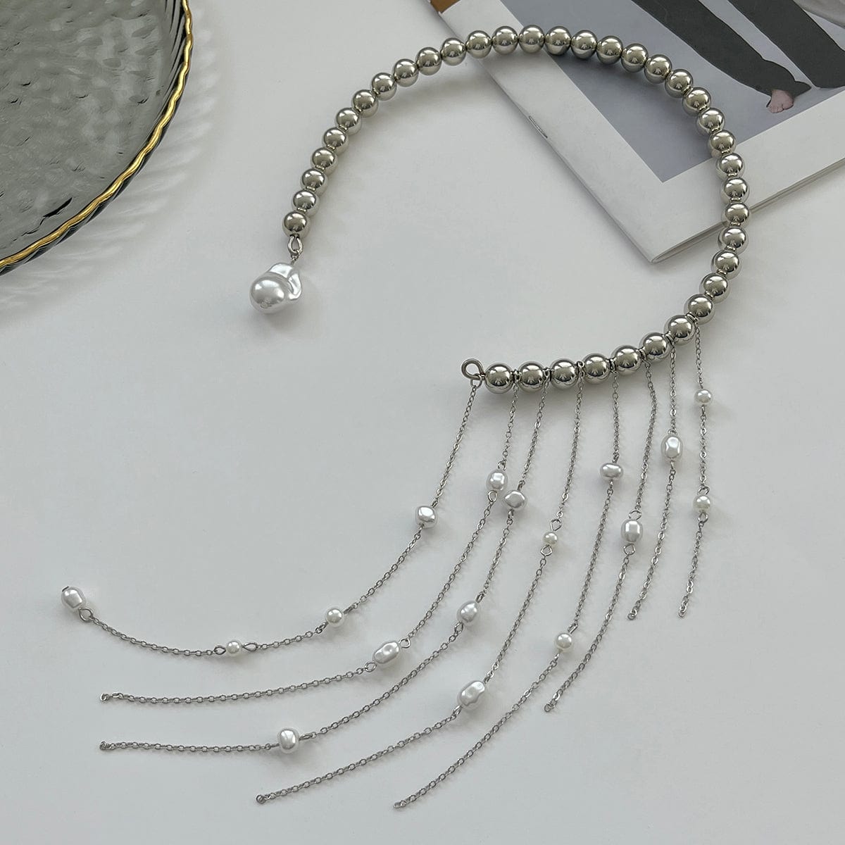 Stylish Pearl Tassel Ball Chain Open Collar Choker Necklace - ArtGalleryZen