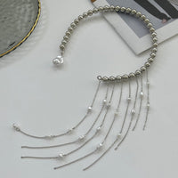 Thumbnail for Stylish Pearl Tassel Ball Chain Open Collar Choker Necklace - ArtGalleryZen