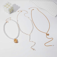 Thumbnail for Summer Beach Style Layered Conch Cross Pendant Pearl Chain Y Necklace Set - ArtGalleryZen