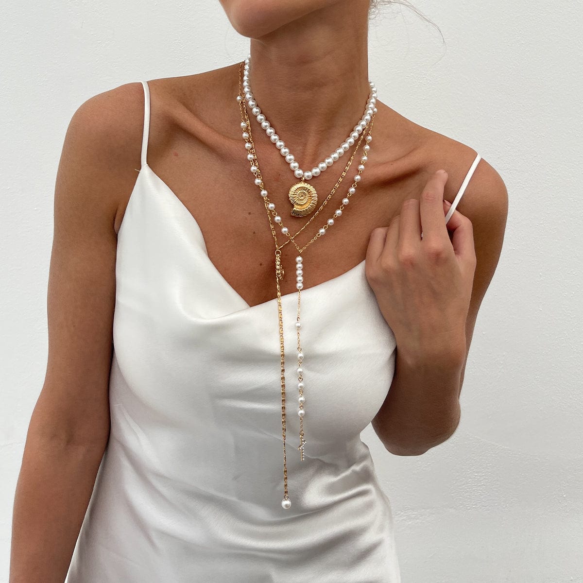 Summer Beach Style Layered Conch Cross Pendant Pearl Chain Y Necklace Set - ArtGalleryZen