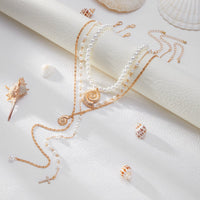 Thumbnail for Summer Beach Style Layered Conch Cross Pendant Pearl Chain Y Necklace Set - ArtGalleryZen