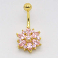 Thumbnail for Surgical Stainless Steel Pink Crystal Floral Piercing Barbell Navel Ring - ArtGalleryZen