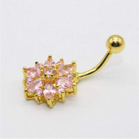 Thumbnail for Surgical Stainless Steel Pink Crystal Floral Piercing Barbell Navel Ring - ArtGalleryZen