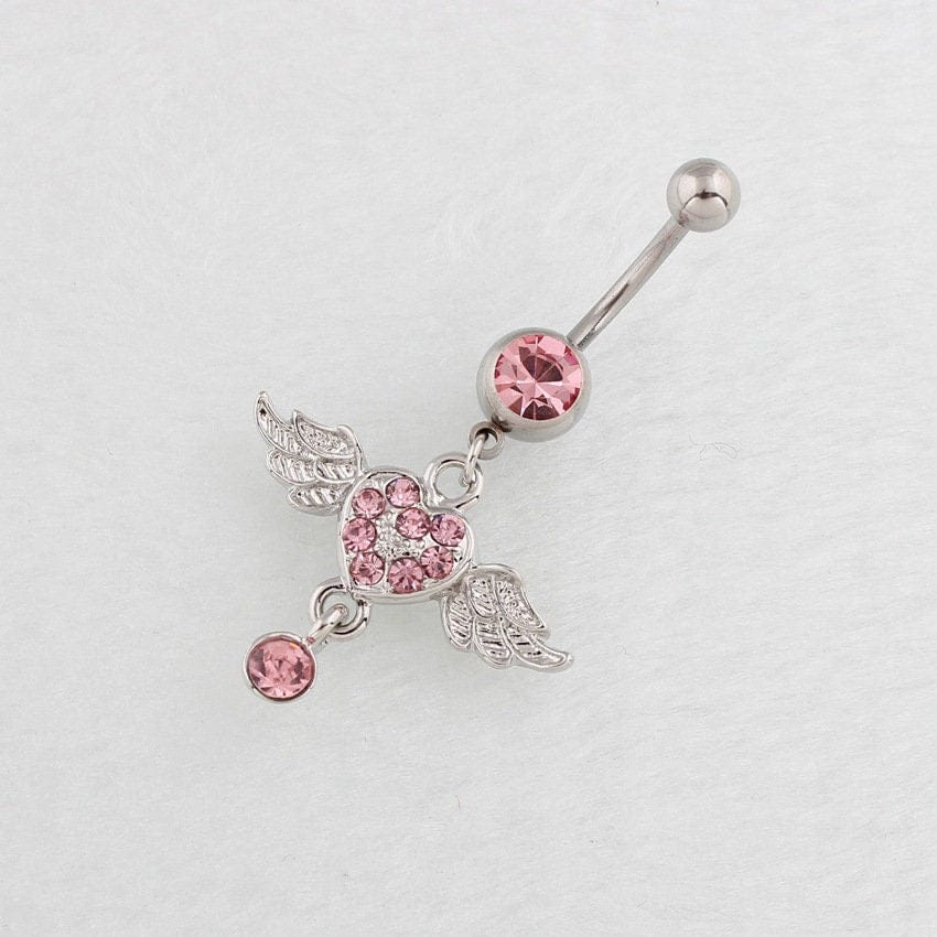 Surgical Stainless Steel Pink Rhinestone Inlaid Heart Wing Dangle Navel Ring - ArtGalleryZen