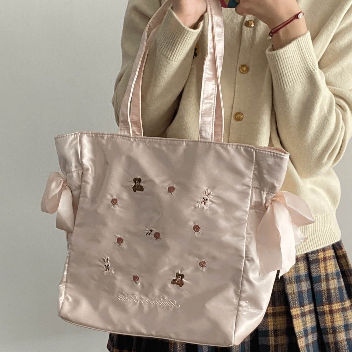 Sweet Bunny Bear Rose Embroidery Bowknot Shoulder Bag - ArtGalleryZen