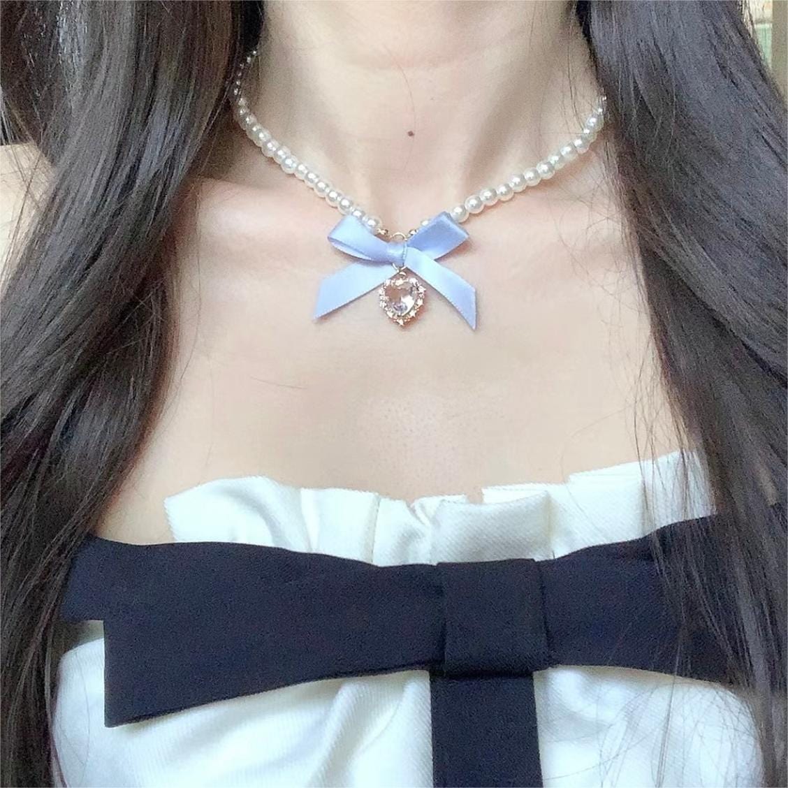 Sweet CZ Inlaid Heart Ribbon Bowknot Pendant Pearl Chain Necklace - ArtGalleryZen