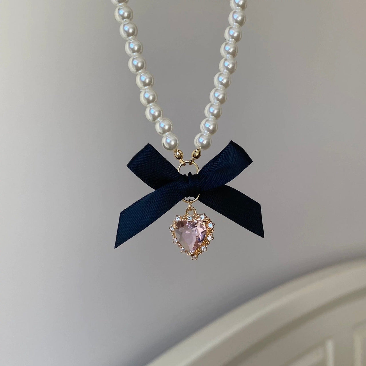 Sweet CZ Inlaid Heart Ribbon Bowknot Pendant Pearl Chain Necklace - ArtGalleryZen