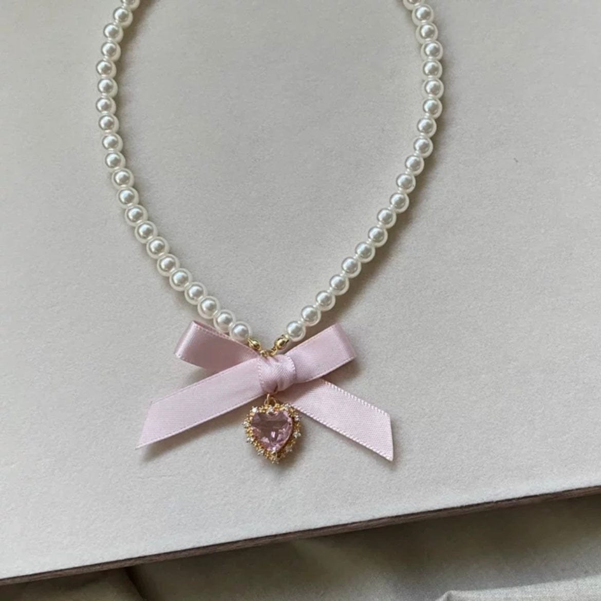 Sweet CZ Inlaid Heart Ribbon Bowknot Pendant Pearl Chain Necklace - ArtGalleryZen