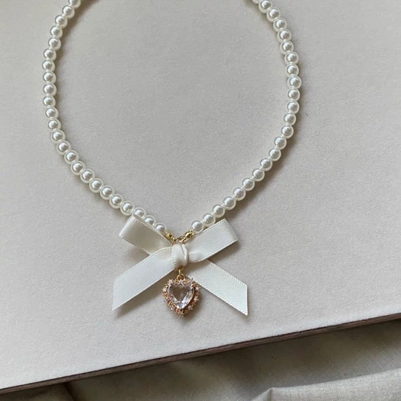Sweet CZ Inlaid Heart Ribbon Bowknot Pendant Pearl Chain Necklace - ArtGalleryZen