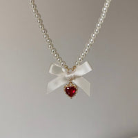 Thumbnail for Sweet CZ Inlaid Heart Ribbon Bowknot Pendant Pearl Chain Necklace - ArtGalleryZen