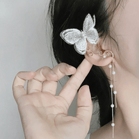 Thumbnail for Sweet Embroidery Butterfly Pearl Chain Tassel Elf Ear Cuff Wrap Earring - ArtGalleryZen