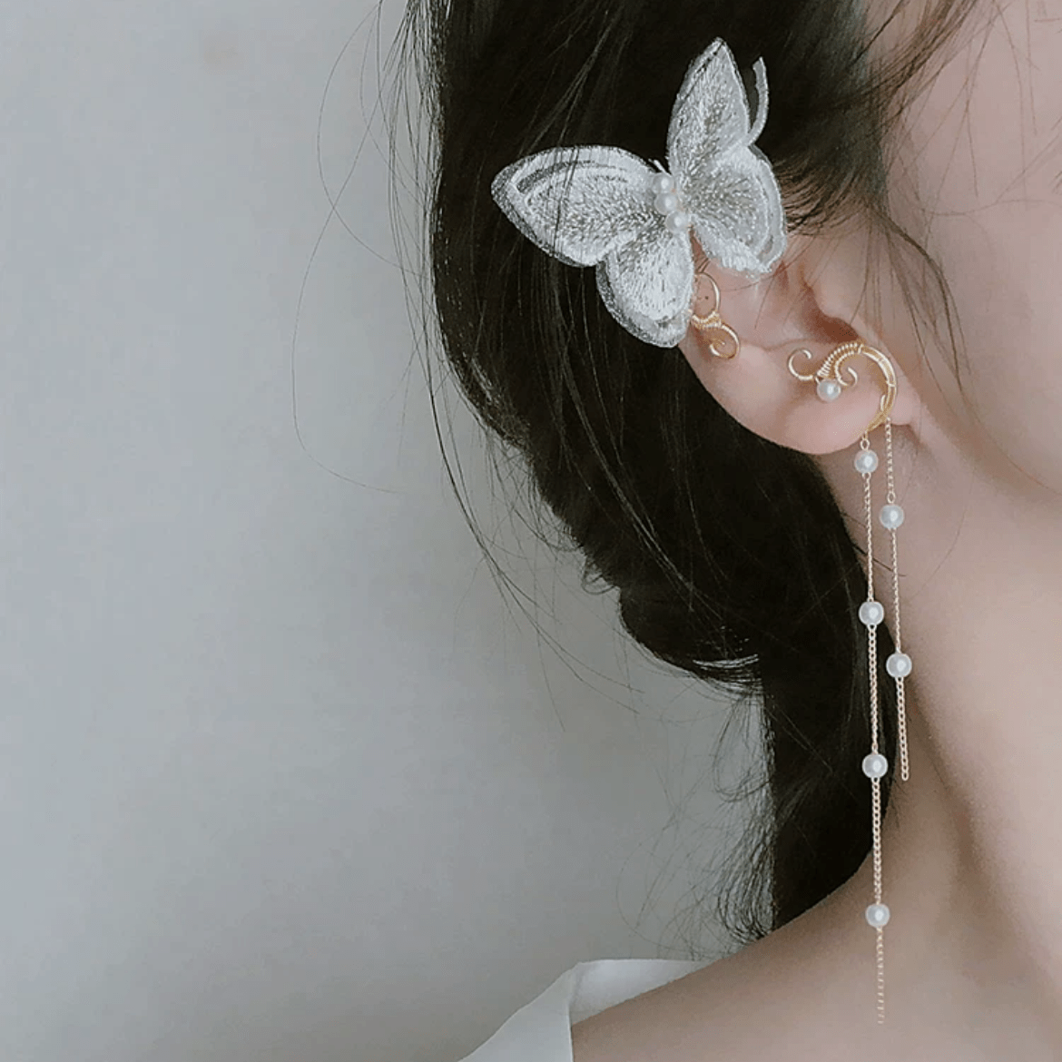 Sweet Embroidery Butterfly Pearl Chain Tassel Elf Ear Cuff Wrap Earring - ArtGalleryZen