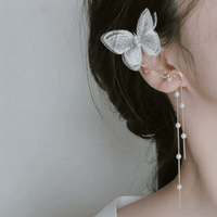 Thumbnail for Sweet Embroidery Butterfly Pearl Chain Tassel Elf Ear Cuff Wrap Earring - ArtGalleryZen