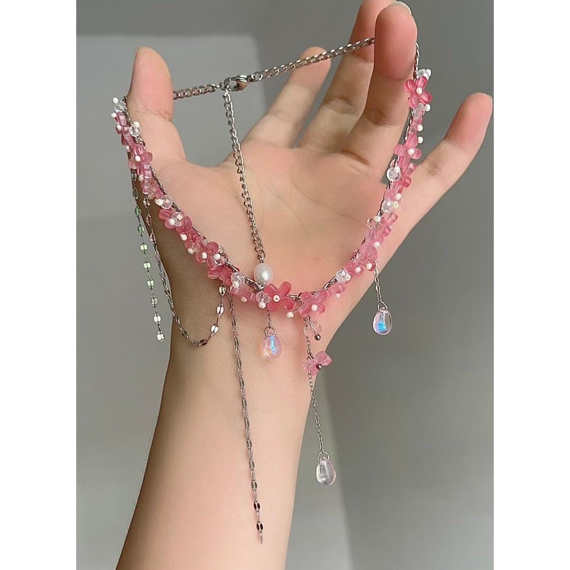 Sweet Glass Flower Beaded Crystal Tassel Choker Necklace - ArtGalleryZen