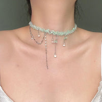 Thumbnail for Sweet Glass Flower Beaded Crystal Tassel Choker Necklace - ArtGalleryZen