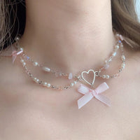Thumbnail for Sweet Layered Bowknot Heart Charm Pearl Chain Necklace - ArtGalleryZen