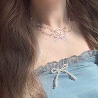 Thumbnail for Sweet Layered Bowknot Heart Charm Pearl Chain Necklace - ArtGalleryZen