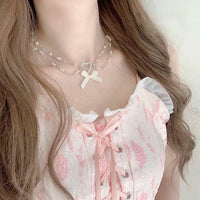 Thumbnail for Sweet Layered Bowknot Heart Charm Pearl Chain Necklace - ArtGalleryZen