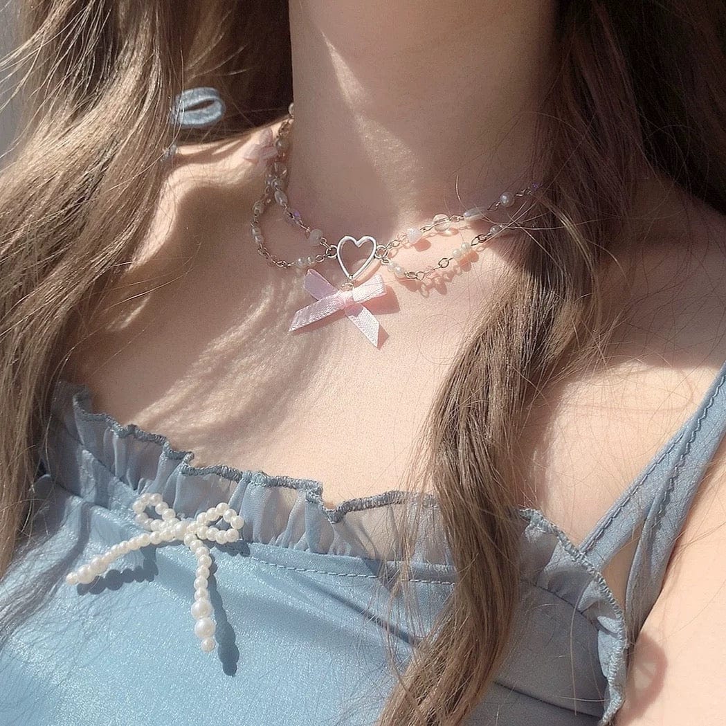 Sweet Layered Bowknot Heart Charm Pearl Chain Necklace - ArtGalleryZen