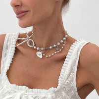 Thumbnail for Sweet Layered Shell Bowknot Charm Agate Pearl Chain Necklace - ArtGalleryZen