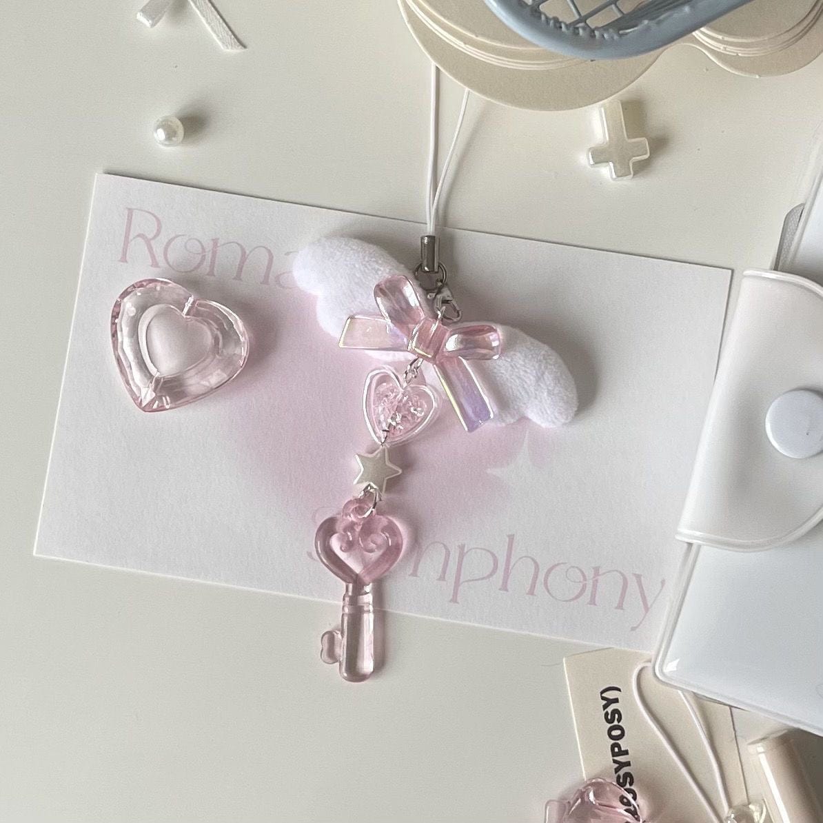 Sweet Pink Bowknot Wing Heart Star Keychain Phone Strap - ArtGalleryZen