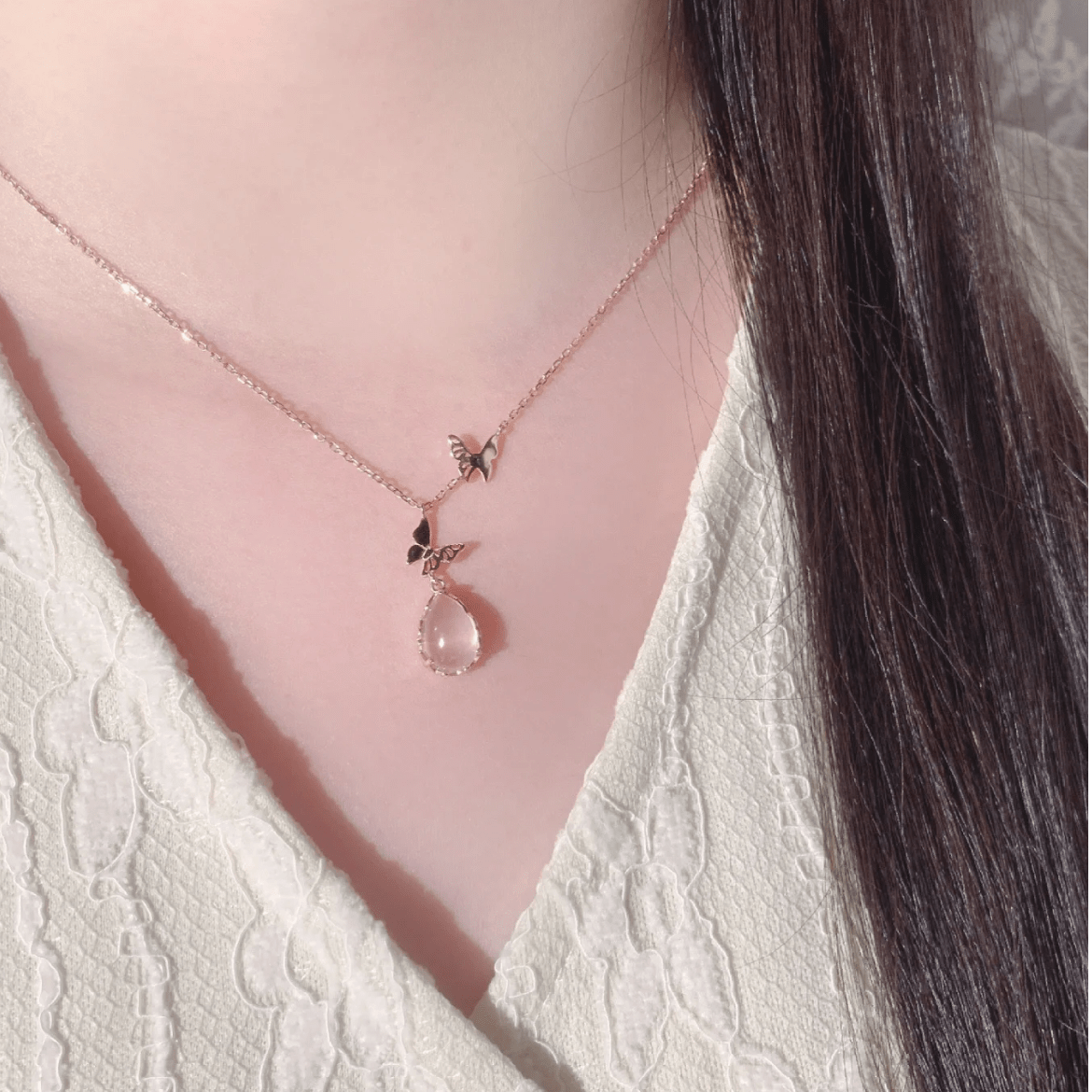 Sweet Pink Crystal Pendant Enamel Butterfly Necklace - ArtGalleryZen