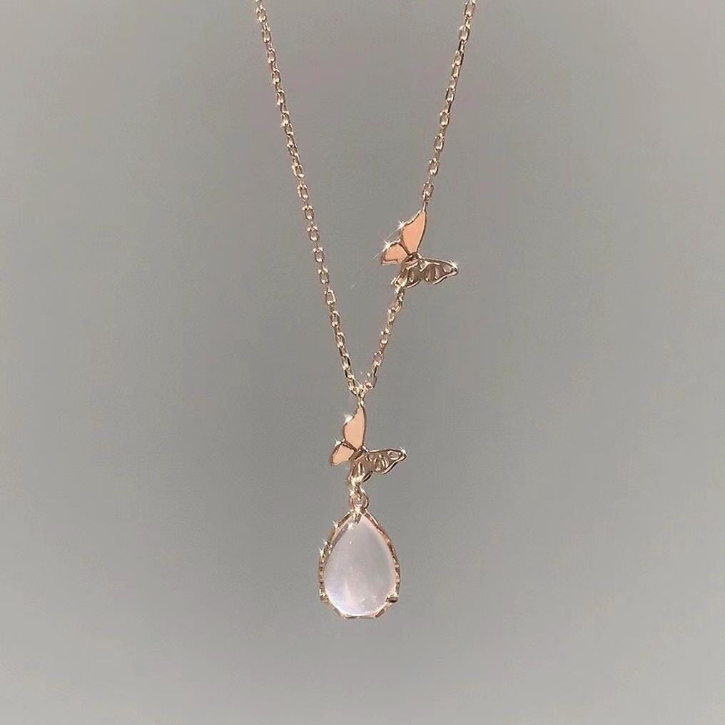 Sweet Pink Crystal Pendant Enamel Butterfly Necklace - ArtGalleryZen