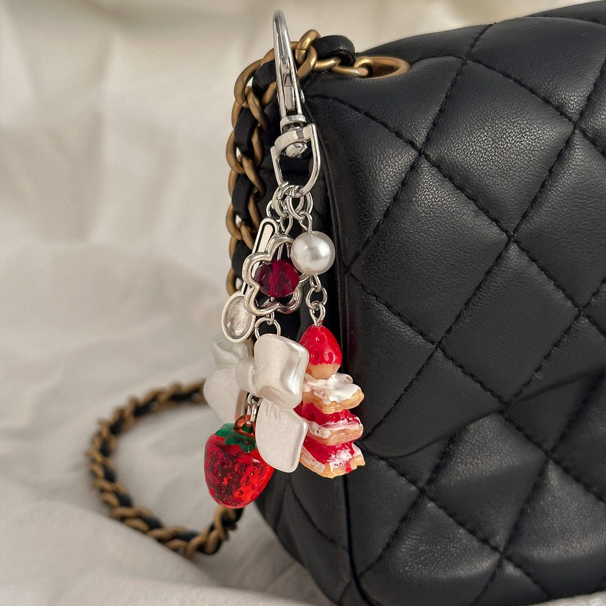 Sweet Strawberry Cake Bowknot Charm Keychain - ArtGalleryZen