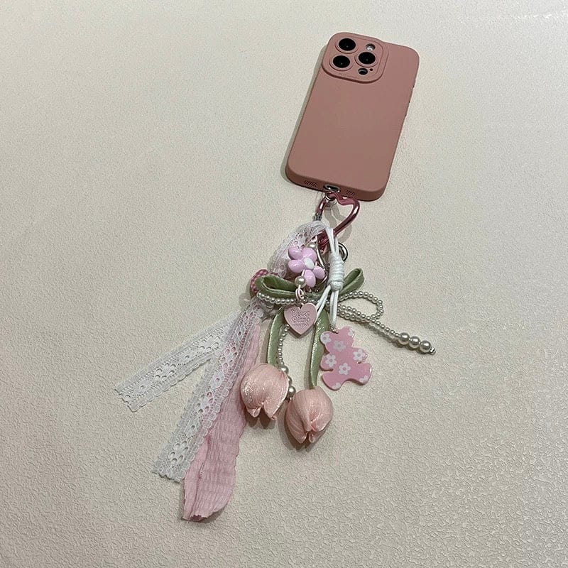 Sweet Tulip Bowknot Pearl Lace Charm Heart Keychain - ArtGalleryZen