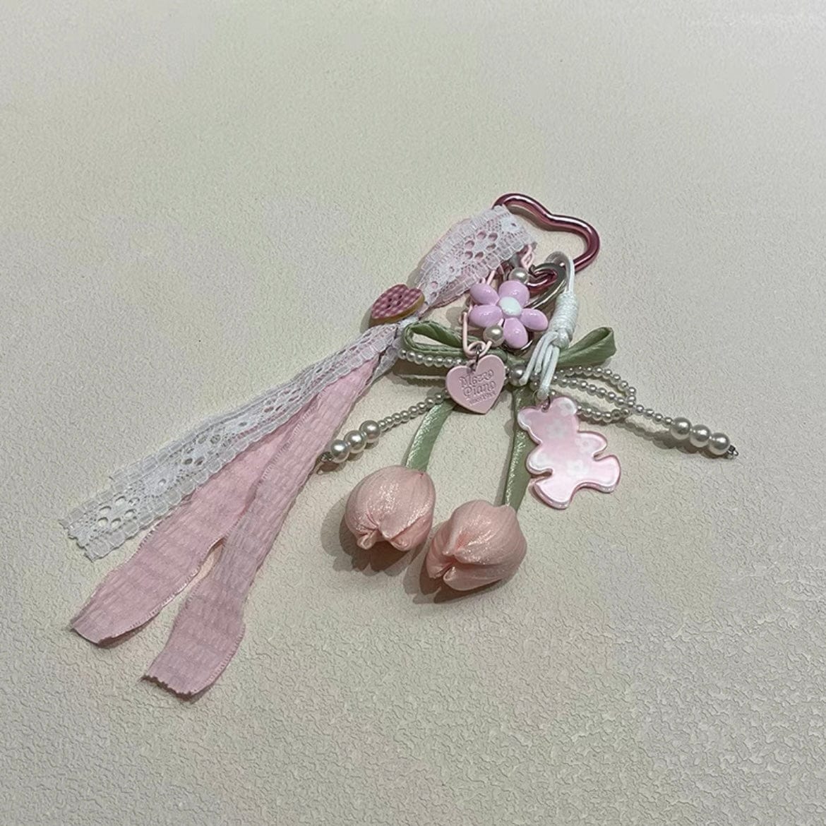 Sweet Tulip Bowknot Pearl Lace Charm Heart Keychain - ArtGalleryZen