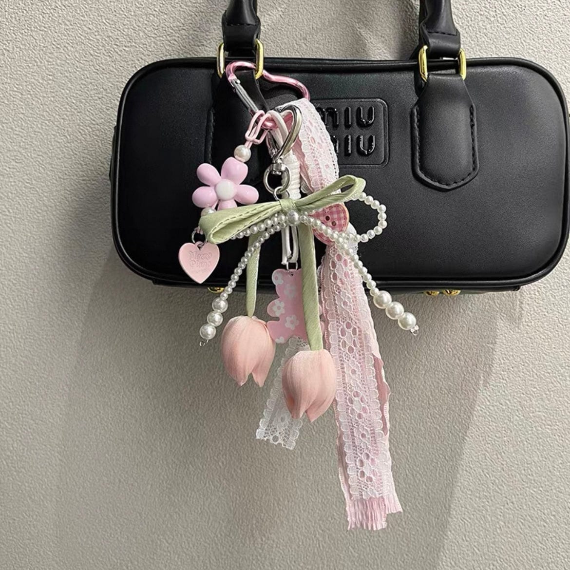 Sweet Tulip Bowknot Pearl Lace Charm Heart Keychain - ArtGalleryZen