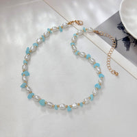 Thumbnail for Sweet Turquoise Stone Pearl Beaded Chain Choker Necklace - ArtGalleryZen