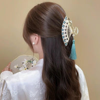 Thumbnail for Temperament Flower Pearl Inlaid Tassel Fan Shaped Hair Claw - ArtGalleryZen