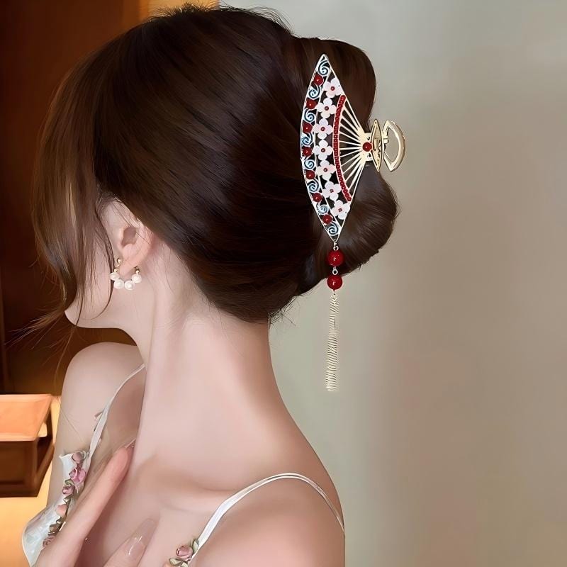 Temperament Flower Pearl Inlaid Tassel Fan Shaped Hair Claw - ArtGalleryZen