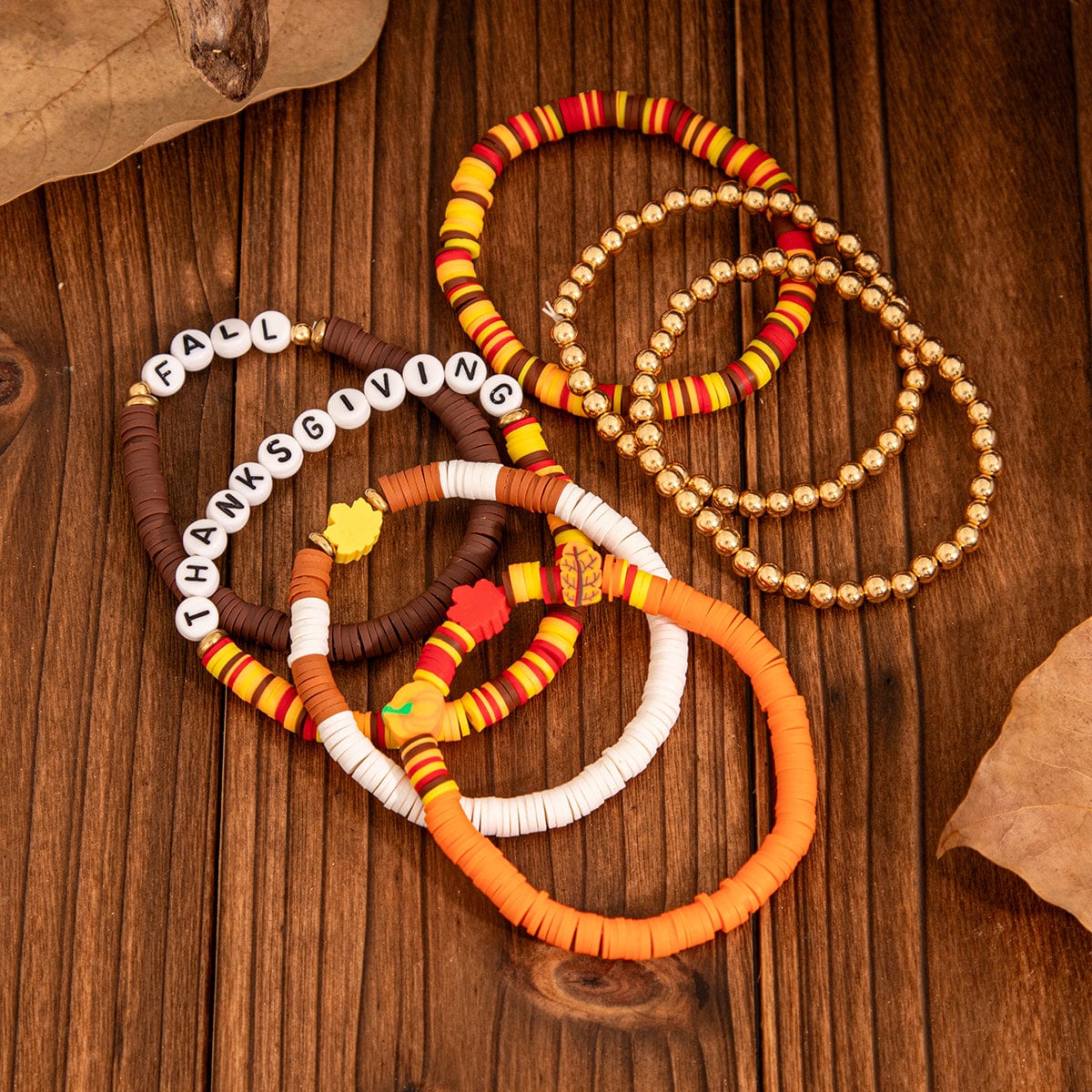 Thanksgiving 5pcs Maple Leaf Pumpkin Charm Letter Polymer Clay Beaded Bracelet Set - ArtGalleryZen