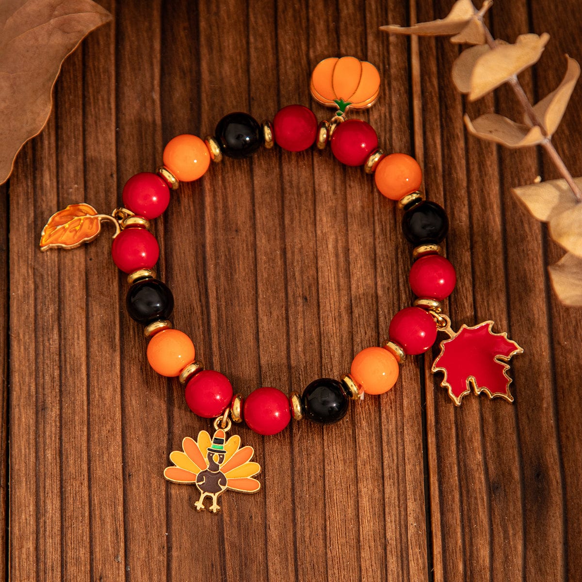 Thanksgiving Maple Leaf Pumpkin Turkey Pendant Acrylic Bead Bracelet - ArtGalleryZen