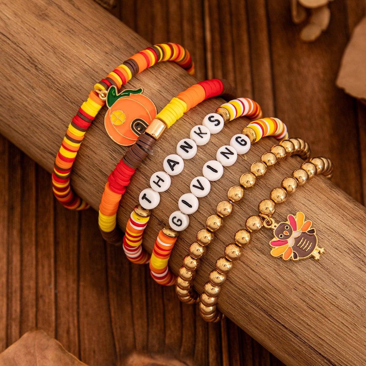 Thanksgiving Pumpkin Turkey Pendant Letter Polymer Clay Stackable Bracelet Set - ArtGalleryZen