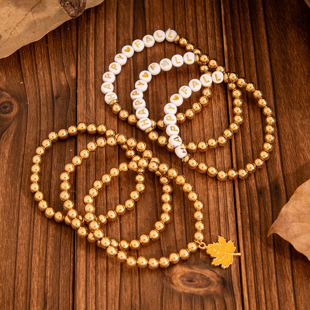 Thanksgiving Theme Maple Leaf Charm Letter Acrylic Beaded Bracelet Set - ArtGalleryZen