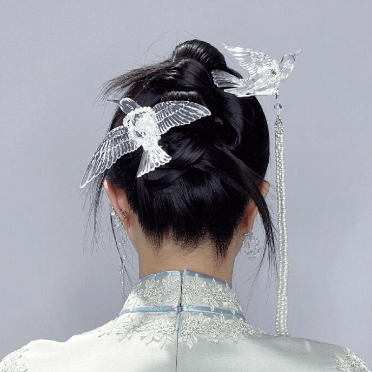 Transparent Lovebird Magpie Pearl Long Chain Tassel Hair Fork Hair Clip Set - ArtGalleryZen