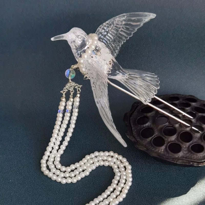 Transparent Lovebird Magpie Pearl Long Chain Tassel Hair Fork Hair Clip Set - ArtGalleryZen